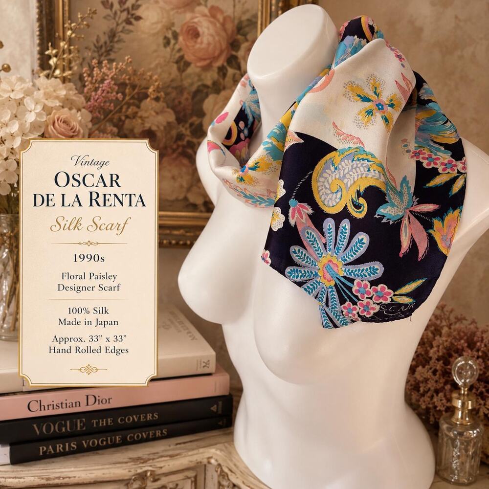 Vintage 1990s Oscar de la Renta Silk Scarf Floral Paisley Designer Scarf 12x52